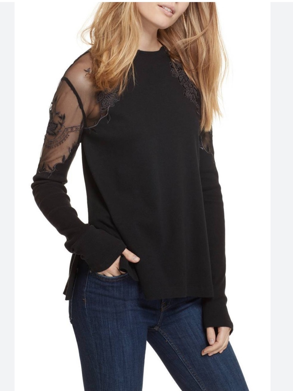 Free People Black Lace-Panel Long Sleeve Top